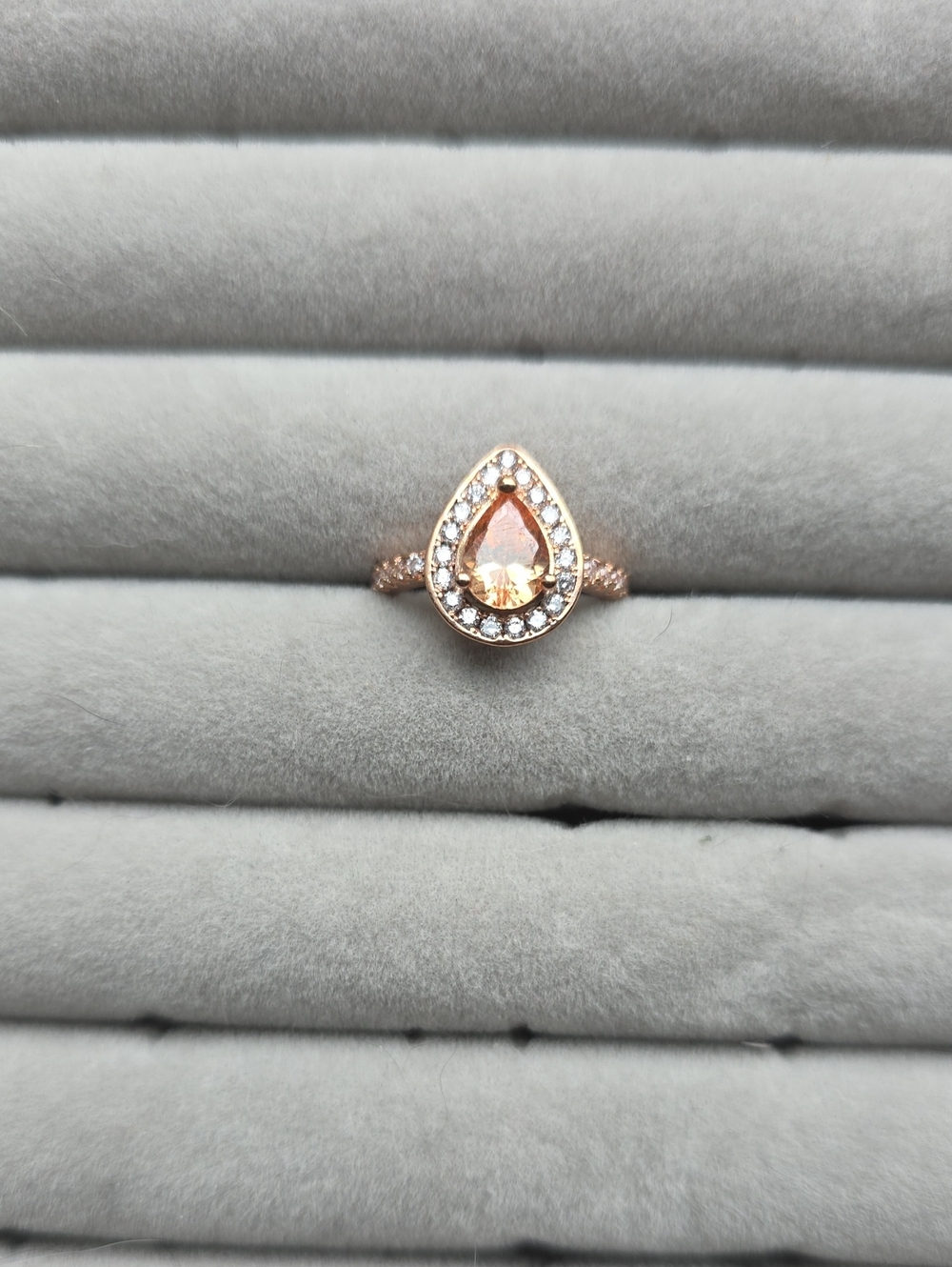 Rose Gold Teardrop Halo Ring with Peach Stone